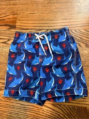 GAP Navy Swim Shorts with Blue Shark and Red Coral Print